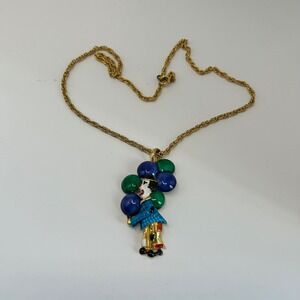 Vintage Enamel Clown‎ Balloons Pendant Necklace Gold Tone Blue Red Green Circus